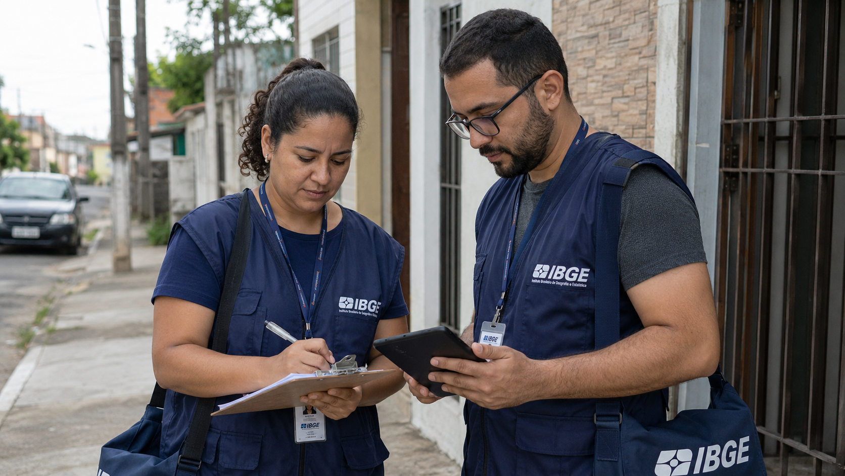 Profissionais do IBGE realizando trabalho de campo com prancheta e tablet, representando processo seletivo com 8.238 vagas.
