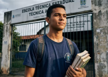 Jovem estudante com caderno e livros na mão e mochila nas costas em frente à escola, representando as vagas em cursos técnicos do programa Jovens do Amanhã