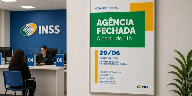 Interior de agência do INSS com atendente em guichê e placa informando fechamento antecipado do atendimento e alteração no horário de funcionamento do serviço 135.