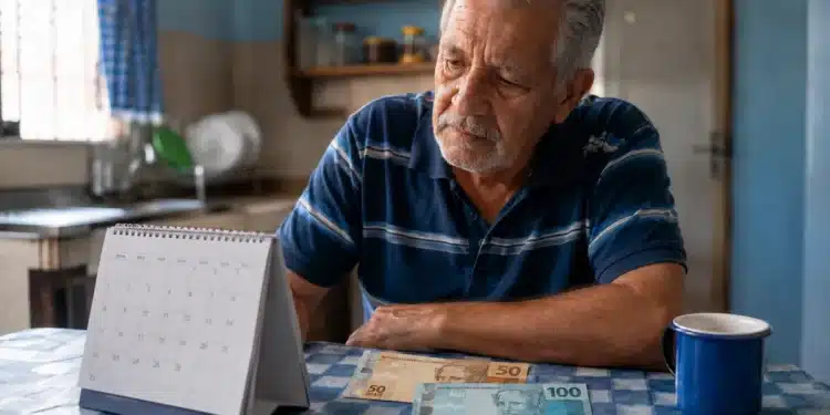 Aposentado brasileiro analisando calendário do INSS de junho com notas de R$100 e R$50 sobre a mesa, representando as três datas importantes de pagamento do mês