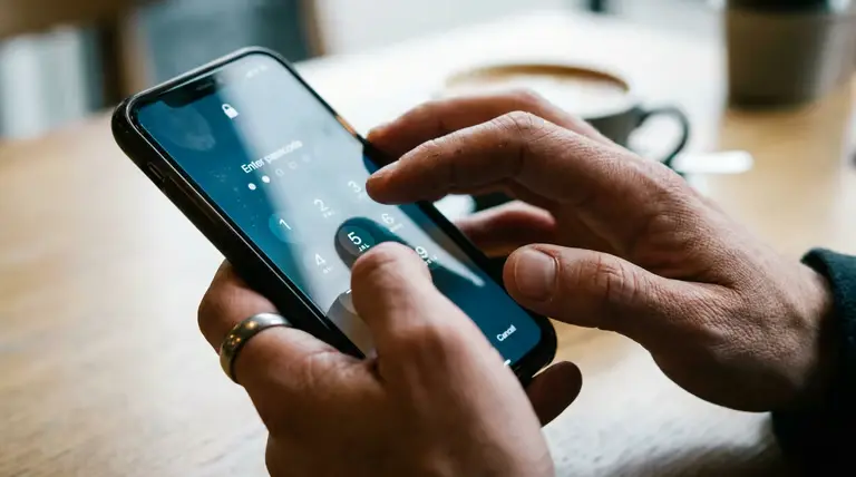 Mãos alterando a senha de bloqueio do iPhone na tela de código de acesso.
