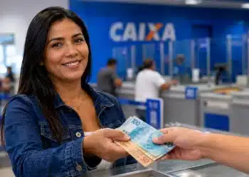 Mulher sorridente recebendo dinheiro na Caixa, representando o pagamento do lote extra do PIS/Pasep 2026.