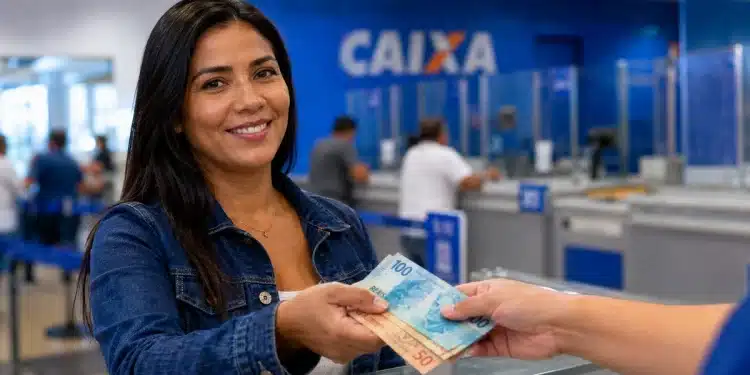 Mulher sorridente recebendo dinheiro na Caixa, representando o pagamento do lote extra do PIS/Pasep 2026.