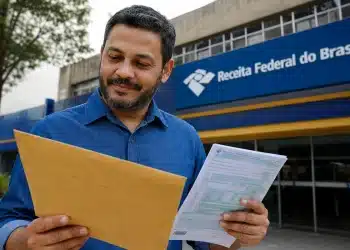 Brasileiro conferindo envelope e documentos do Imposto de Renda em frente à Receita Federal, simbolizando o próximo lote de restituição.
