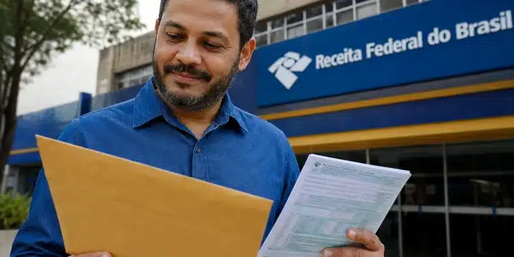 Brasileiro conferindo envelope e documentos do Imposto de Renda em frente à Receita Federal, simbolizando o próximo lote de restituição.
