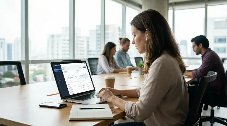 Mulher acompanha dados de campanhas online em notebook durante trabalho em escritório moderno.