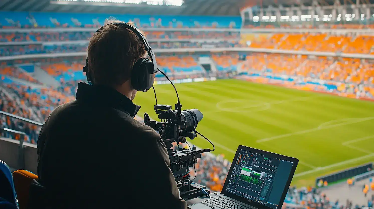 Profissional analisando dados de marketing esportivo em ambiente digital, com foco em redes sociais e patrocínios esportivos.