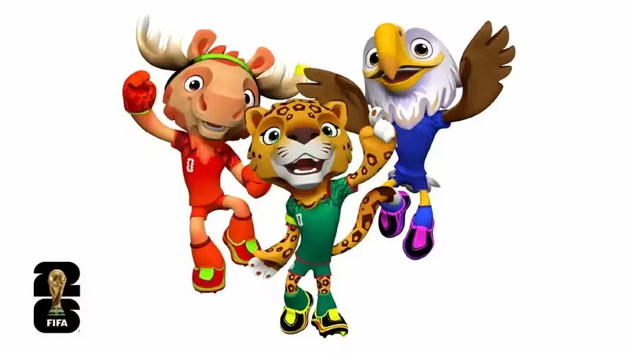 Mascotes oficiais da Copa do Mundo FIFA 2026 animados e coloridos.