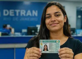 Jovem brasileira exibindo a carteira de habilitação no posto do Detran, representando o processo de matrícula na CNH Social em 2026.