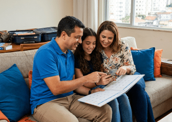 Família no sofá consulta calendário e celular para planejar uma viagem nas férias de 2026.