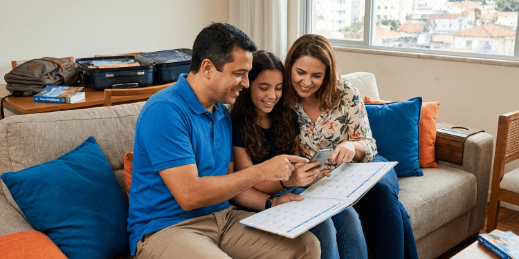 Família no sofá consulta calendário e celular para planejar uma viagem nas férias de 2026.