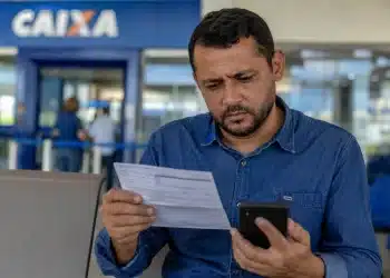 Trabalhador preocupado conferindo documento e celular em agência da Caixa, representando a liberação do benefício em 15 de junho e os motivos que podem bloquear o pagamento.