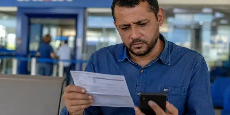 Trabalhador preocupado conferindo documento e celular em agência da Caixa, representando a liberação do benefício em 15 de junho e os motivos que podem bloquear o pagamento.