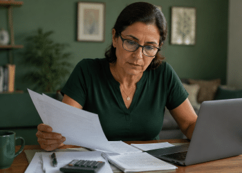 Mulher de cabelo castanho e óculos analisa papéis enquanto usa notebook, com xícara verde e calculadora na mesa.