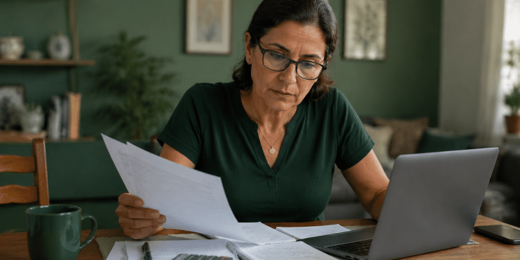 Mulher de cabelo castanho e óculos analisa papéis enquanto usa notebook, com xícara verde e calculadora na mesa.