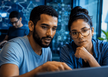 Homem e mulher analisam tela de computador em ambiente corporativo com gráficos ao fundo