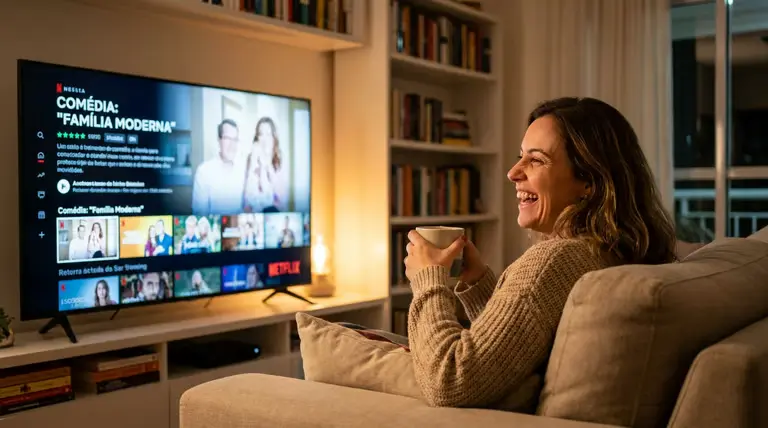 Mulher sorrindo assistindo TV, refletindo sobre memórias felizes.