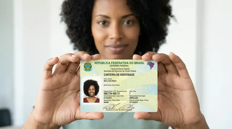 Mulher segura a Carteira de Identidade Nacional, documento que passou a substituir o antigo RG no Brasil.