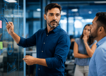 Homem apresenta diagramas em painel de vidro para equipe em sala de reunião