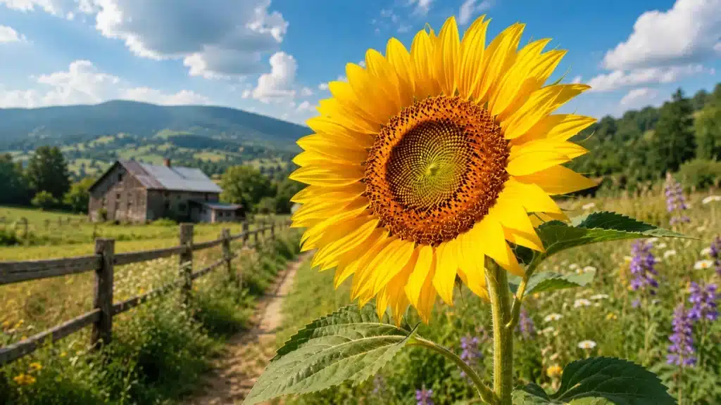 Girassol em primeiro plano em cenário rural, ilustrando a origem do nome girassol e sua relação com o movimento em direção ao sol.