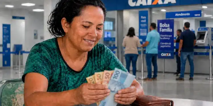 Mulher segurando cédulas em agência da Caixa, representando os pagamentos do Bolsa Família de junho de 2026, com liberação de até R$ 1.000.