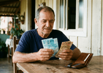 Aposentado conta cédulas de R$ 100 e R$ 50 à mesa, representando o pagamento extra do 13º do INSS.
