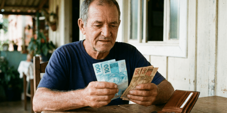 Aposentado conta cédulas de R$ 100 e R$ 50 à mesa, representando o pagamento extra do 13º do INSS.