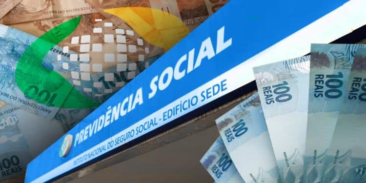 Fachada da Previdência Social com o logotipo do INSS e cédulas de real ao fundo, representando o pagamento extra do instituto