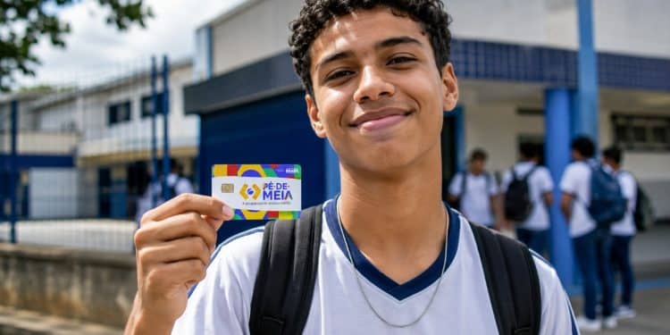 Jovem estudante uniformizado segura o cartão do Pé-de-Meia em frente à escola, representando os contemplados na nova rodada de pagamentos.