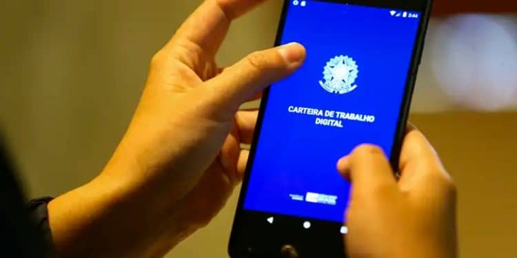 Mãos seguram celular com o aplicativo da Carteira de Trabalho Digital aberto na tela