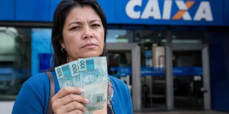 Mulher segura notas de 100 reais em frente a uma agência da Caixa, representando o pagamento tardio de R$ 1.621 para CPFs com finais de 0 a 9.