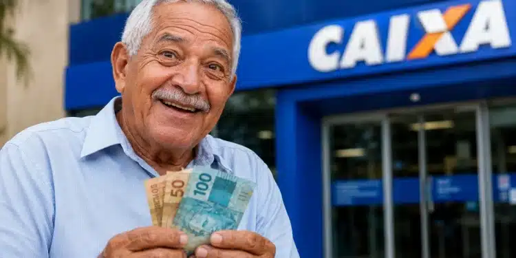 Beneficiário do INSS segura cédulas de real em frente a uma agência da Caixa, representando os pagamentos de junho.