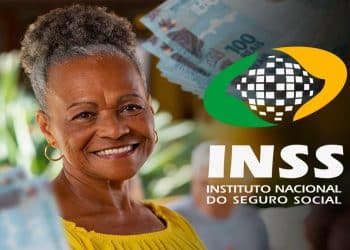 Mulher idosa sorrindo ao lado de cédulas de real e do logotipo do INSS, representando os pagamentos de junho aos beneficiários acima do salário mínimo