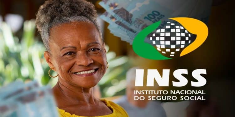 Mulher idosa sorrindo ao lado de cédulas de real e do logotipo do INSS, representando os pagamentos de junho aos beneficiários acima do salário mínimo