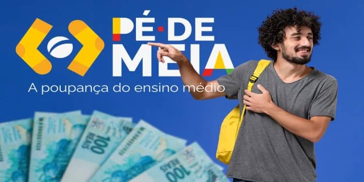 Logo do Pé-de-Meia ao lado de estudante com mochila e cédulas de R$ 100, referência ao calendário e aos valores do programa