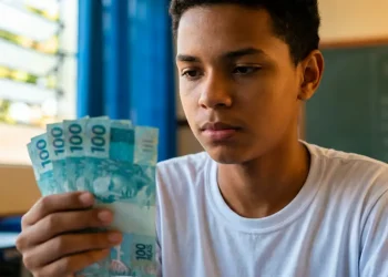 Estudante do ensino médio segurando notas de R$ 100, mostrando o pagamento do programa Pé-de-Meia de junho de R$ 1.000.
