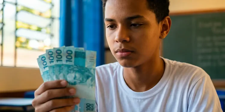 Estudante do ensino médio segurando notas de R$ 100, mostrando o pagamento do programa Pé-de-Meia de junho de R$ 1.000.