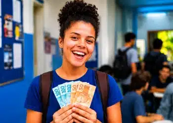 Mulher sorrindo, segurando cédulas de dinheiro em mãos, simbolizando as cinco regras para receber os R$ 1.050 do Pé-de-Meia Licenciaturas.
