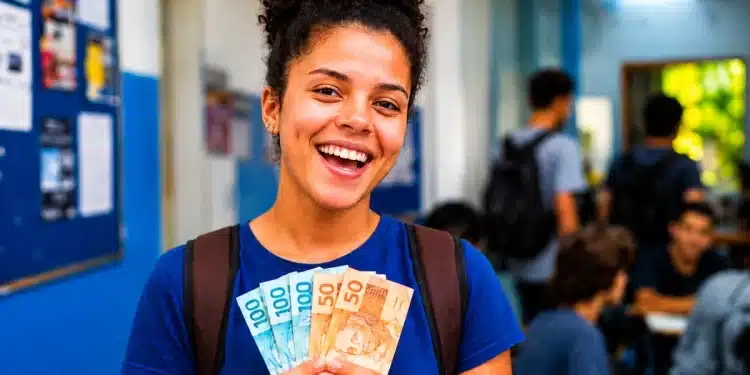 Mulher sorrindo, segurando cédulas de dinheiro em mãos, simbolizando as cinco regras para receber os R$ 1.050 do Pé-de-Meia Licenciaturas.