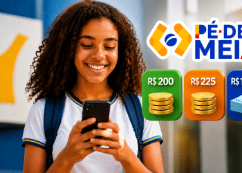 Estudante consulta no celular os pagamentos do Pé-de-Meia de junho com valores de R$ 200, R$ 225 e R$ 1.000