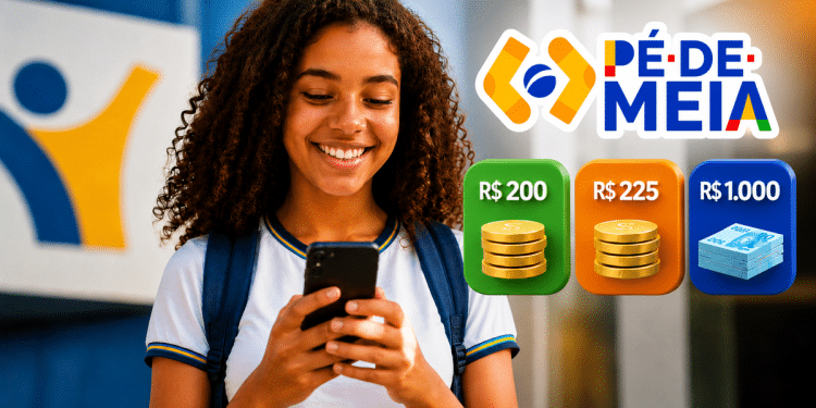 Estudante consulta no celular os pagamentos do Pé-de-Meia de junho com valores de R$ 200, R$ 225 e R$ 1.000