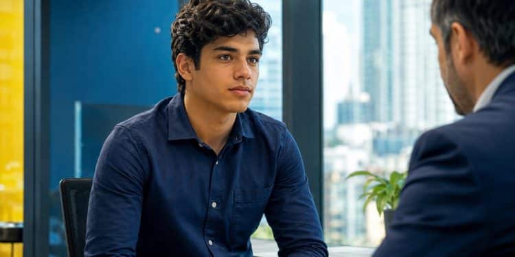 Jovem de camisa azul ouve o recrutador em uma entrevista de emprego, momento em que são feitas as cinco perguntas mais comuns para candidatos da Geração Z
