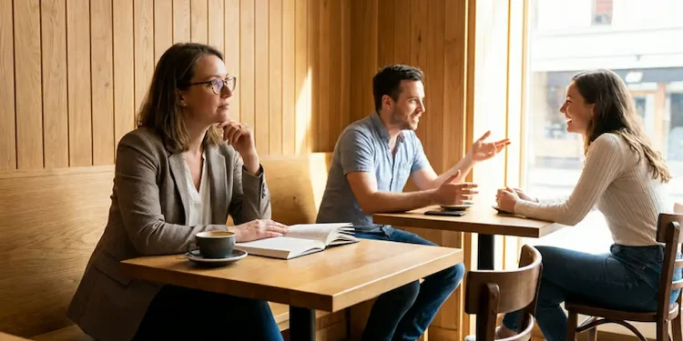 Pessoas conversando enquanto uma mulher observa em silêncio, representando escuta ativa e análise antes de responder.