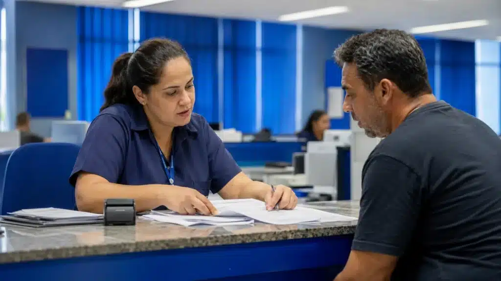 Atendimento em unidade do INSS com servidora analisando documentos de beneficiário, representando o impacto do PGB na gestão de benefícios previdenciários e assistenciais.