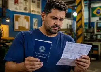 Trabalhador brasileiro analisando carteira de trabalho e contracheque, expressando dúvida sobre ausência do Abono Salarial PIS/Pasep.