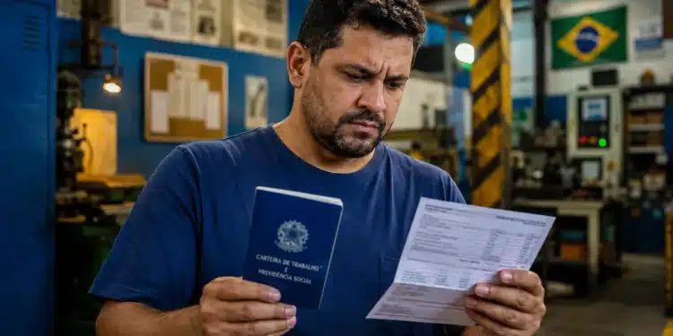 Trabalhador brasileiro analisando carteira de trabalho e contracheque, expressando dúvida sobre ausência do Abono Salarial PIS/Pasep.