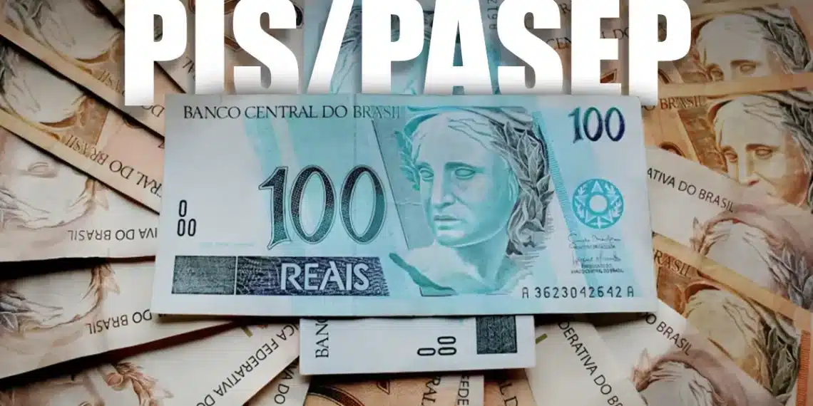 Arte do Abono Salarial PIS/PASEP sobre várias cédulas de cem reais