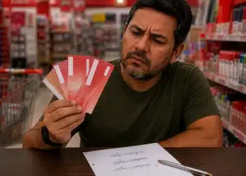 Homem com expressão de dúvida observa vales-compra vermelhos em uma loja, ao lado de uma folha de anotações com diferentes formas de escrita da palavra, representando a dúvida sobre o plural de vale-compra.