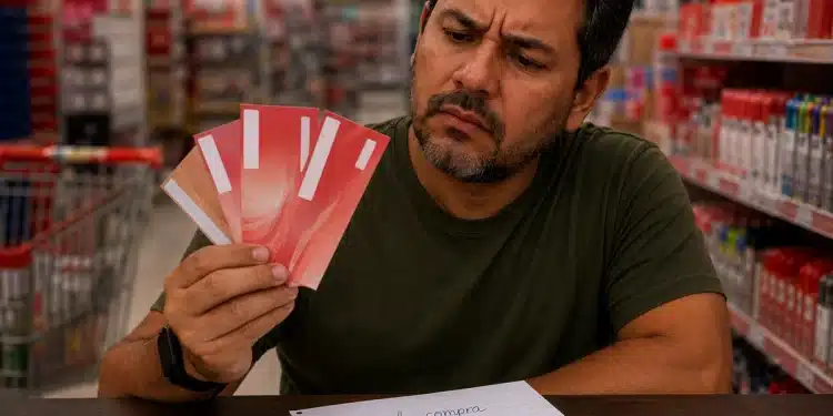 Homem com expressão de dúvida observa vales-compra vermelhos em uma loja, ao lado de uma folha de anotações com diferentes formas de escrita da palavra, representando a dúvida sobre o plural de vale-compra.