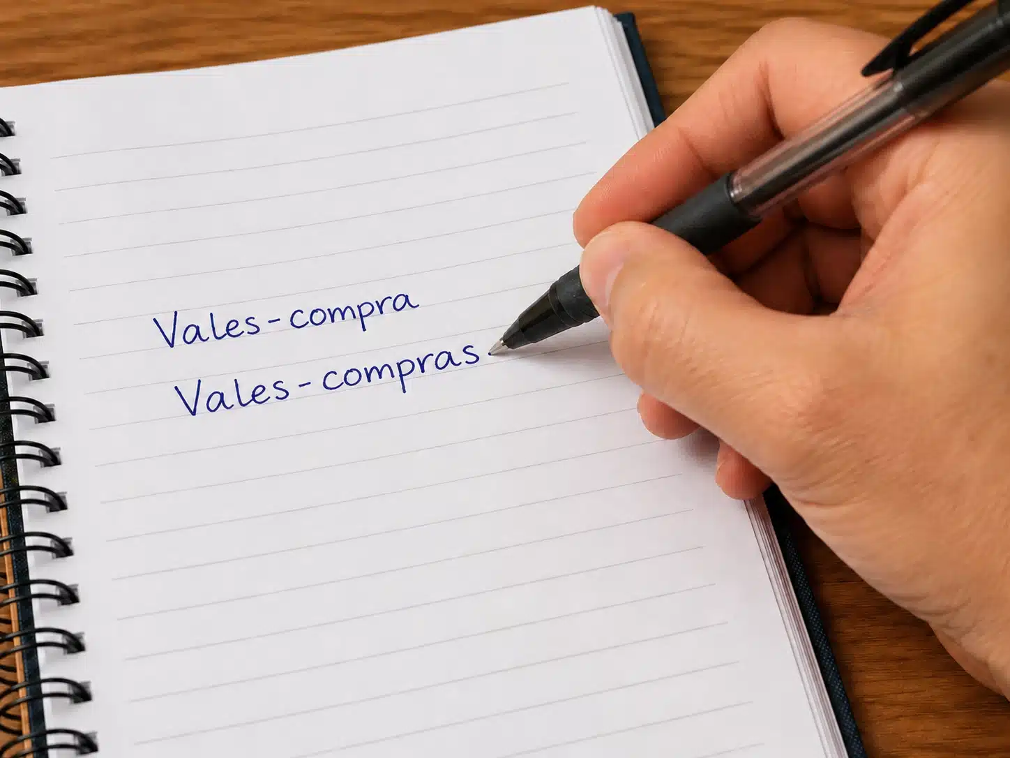 Mão escrevendo em um caderno as formas “vales-compra” e “vales-compras”, representando os plurais de “vale-compra”.
